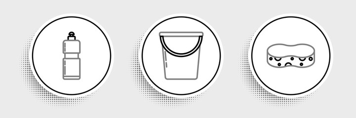 Set line Sponge, Plastic bottles for liquid dishwashing liquid and Bucket icon. Vector
