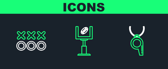Set line Whistle, Planning strategy concept and American football goal post and football ball icon. Vector