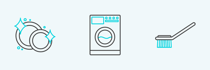 Set line Toilet brush, Washing dishes and Washer icon. Vector