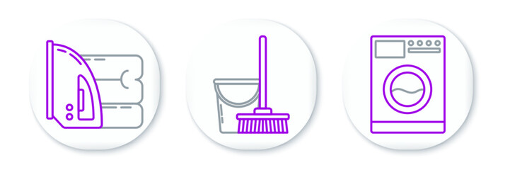 Set line Washer, Electric iron and towel and Mop bucket icon. Vector