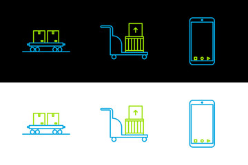 Set line Mobile phone with app delivery tracking, Railway carriage and Electric hand truck and boxes icon. Vector