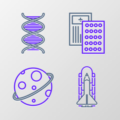 Set line Space shuttle and rockets, Planet, Pills in blister pack and DNA symbol icon. Vector