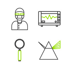 Set line Light rays in prism, Magnifying glass, Computer monitor with cardiogram and Assistant icon. Vector