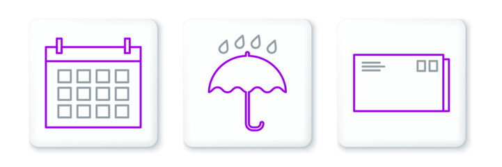 Set line Envelope, Calendar and Umbrella and rain drops icon. Vector