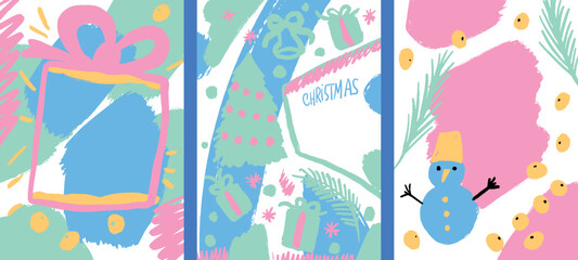 Set of fun Christmas templates with colorful brush strokes, stains, snowman, Christmas tree, gift, mandarins. Simple childish sketch with different spots.