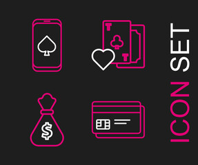 Set line Credit card, Money bag, Playing with clubs symbol and Online poker table game icon. Vector