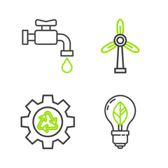 Set line Light bulb with leaf, Recycle symbol and gear, Wind turbine and Water tap icon. Vector