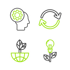 Set line Light bulb with leaf, Earth globe and, Refresh and Human head gear inside icon. Vector