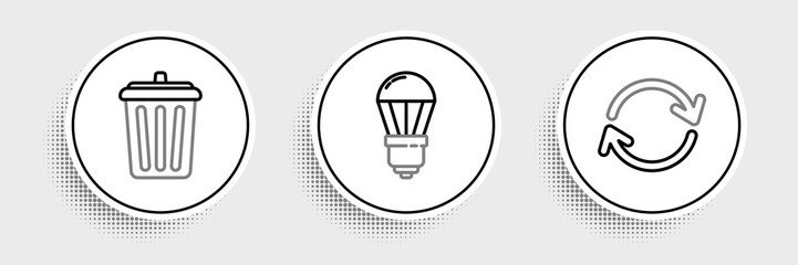 Set line Refresh, Trash can and LED light bulb icon. Vector