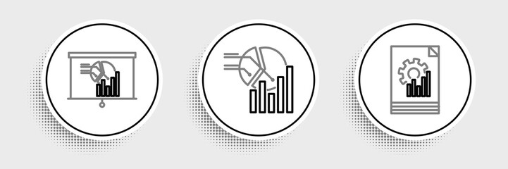 Set line Document with graph chart, Board and Pie infographic icon. Vector