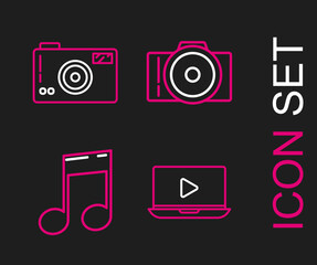 Set line Online play video, Music note, tone, Photo camera and icon. Vector