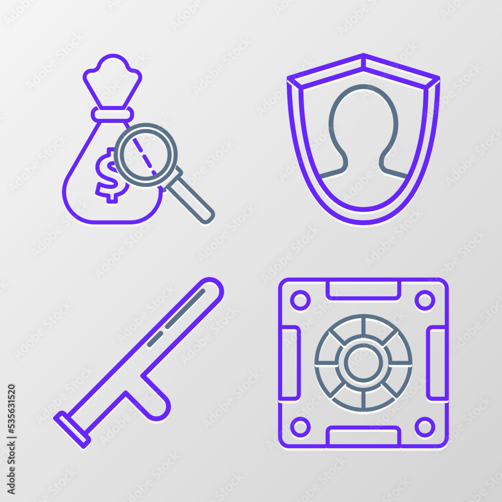 Sticker Set line Safe, Police rubber baton, User protection and Money bag and magnifying glass icon. Vector