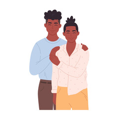 Black gay couple hugging and smiling. Sweetheart couple together. LGBT family, LGBT pride. Homosexual man couple. Hand drawn vector illustration