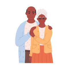 Black elderly love couple hugging. Smiling grandpa and granny. Retired man and woman. Older couple portrait. Hand drawn vector illustration