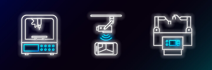 Set line Assembly line, 3D printer and Wireless Controlling CCTV security camera icon. Glowing neon. Vector