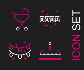 Set line Cake with burning candles, Carnival garland flags, and Baby stroller icon. Vector