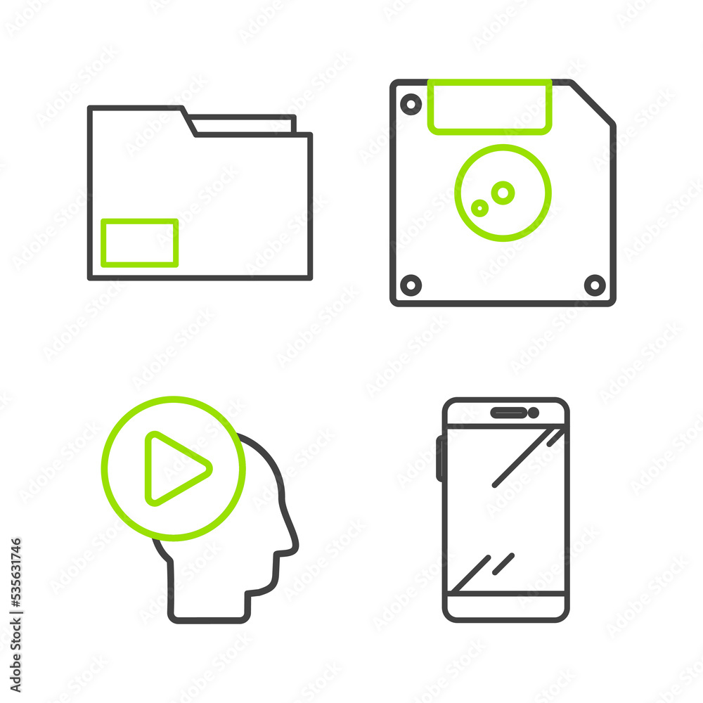 Poster set line smartphone, mobile phone, head people with play button, floppy disk for computer data stora