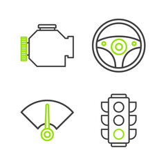 Set line Traffic light, Speedometer, Steering wheel and Check engine icon. Vector