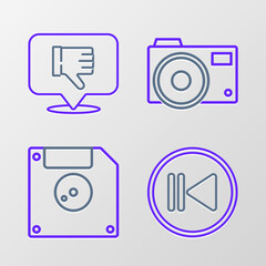 Set line Rewind, Floppy disk for computer data storage, Photo camera and Dislike speech bubble icon. Vector