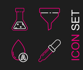 Set line Pipette, Water drop, Funnel or filter and Test tube and flask chemical icon. Vector