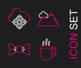 Set line Coffee cup, Bow tie, Mountains and Cloud with snow icon. Vector