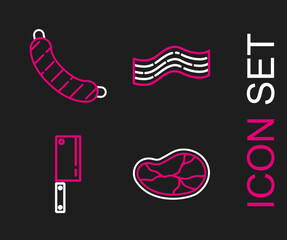 Set line Steak meat, Meat chopper, Bacon stripe and Sausage icon. Vector