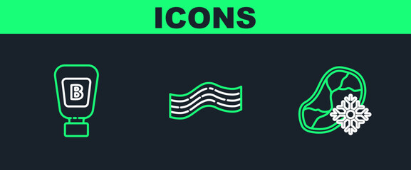 Set line Fresh frozen steak meat, Sauce bottle and Bacon stripe icon. Vector