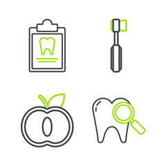 Set line Dental search, Apple, Toothbrush and Clipboard with dental card icon. Vector