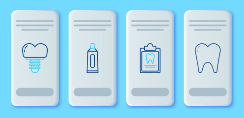 Set line Tube of toothpaste, Clipboard with dental card, Dental implant and Tooth icon. Vector