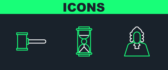 Set line Judge, gavel and Old hourglass with sand icon. Vector