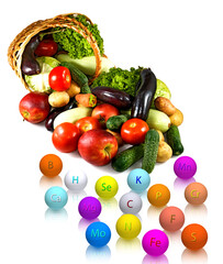  fruits and trace elements in the form of balls with the designation of a trace element on a white background. 3D-rendering