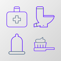 Fototapeta premium Set line Toothbrush with toothpaste, Condom, Toilet bowl and First aid kit icon. Vector