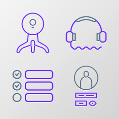 Set line Create account screen, Task list, Headphones and Web camera icon. Vector