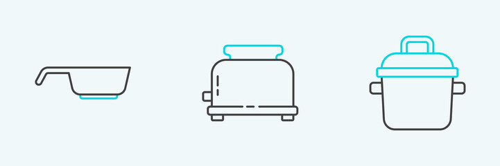 Set line Cooking pot, Frying pan and Toaster icon. Vector