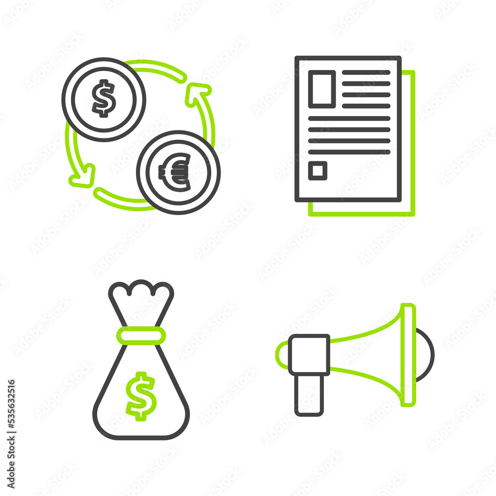 Sticker Set line Megaphone, Money bag, File document and exchange icon. Vector