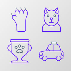 Set line Pet car taxi, award, Cat and Paw print icon. Vector