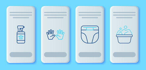 Set line Medical rubber gloves, Diaper for dog, Pet shampoo and Pets bath icon. Vector