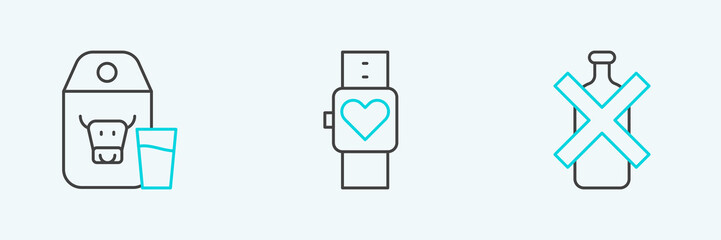 Obraz premium Set line No alcohol, Paper package for milk and Smart watch icon. Vector