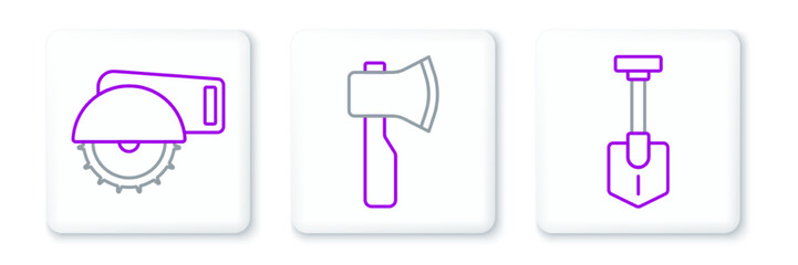 Set line Shovel, Electric circular saw and Wooden axe icon. Vector