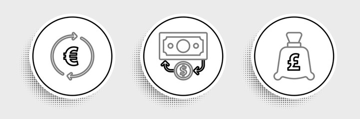 Set line Coin money with pound, euro symbol and Stacks paper cash icon. Vector