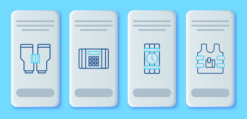 Set line Dynamite bomb, and timer clock, Binoculars and Bulletproof vest icon. Vector