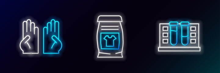 Set line Test tube with water drop, Rubber gloves and Laundry detergent icon. Glowing neon. Vector