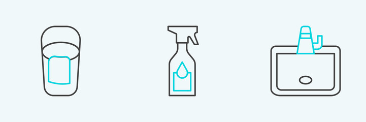Set line Washbasin, Bucket with rag and Cleaning spray bottle icon. Vector