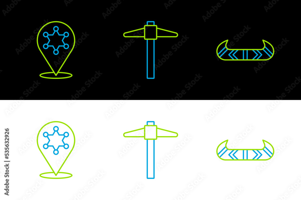 Canvas Prints Set line Kayak or canoe and paddle, Hexagram sheriff and Pickaxe icon. Vector