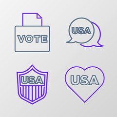 Set line USA Independence day, Shield with stars, and Vote box icon. Vector