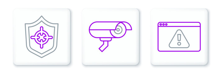 Set line Browser with exclamation mark, Shield and Security camera icon. Vector