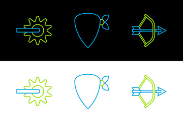 Set line Bow and arrow in quiver, Spur and Cowboy bandana icon. Vector