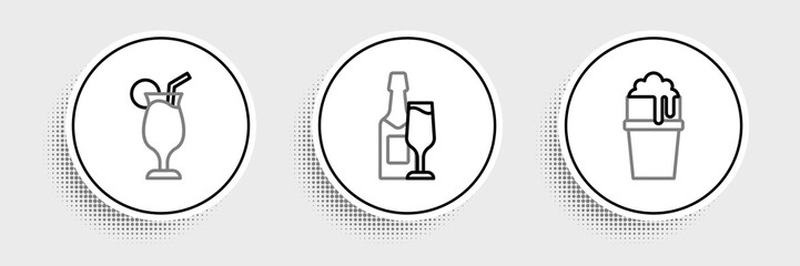 Set line Glass of beer, Cocktail and Champagne bottle and glass icon. Vector