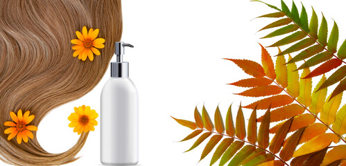 Cosmetic products on a white background. Hair care. Healthy and beautiful hair. Copy space for text