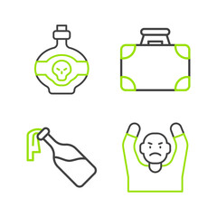 Set line Thief surrendering hands up, Cocktail molotov, Briefcase money and Poison bottle icon. Vector